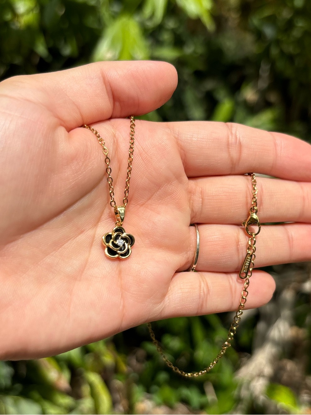 18K Gold Plated Stainless Black Rose Necklace